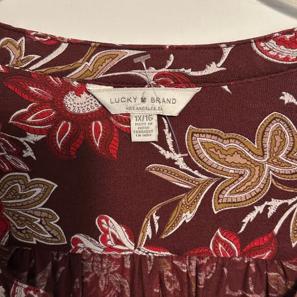 Lucky Brand Floral Border Top Womens Size 1X Burgundy V-Neck Peasant Boho Knit - Picture 5 of 7